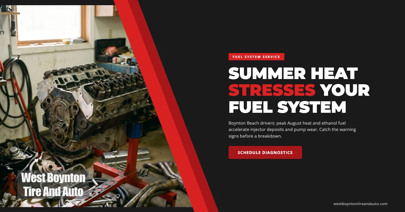Fuel system service in Boynton Beach FL — technician inspecting fuel injectors and pressure-testing the fuel rail during a summer fuel system diagnostic at West Boynton Tire and Auto
