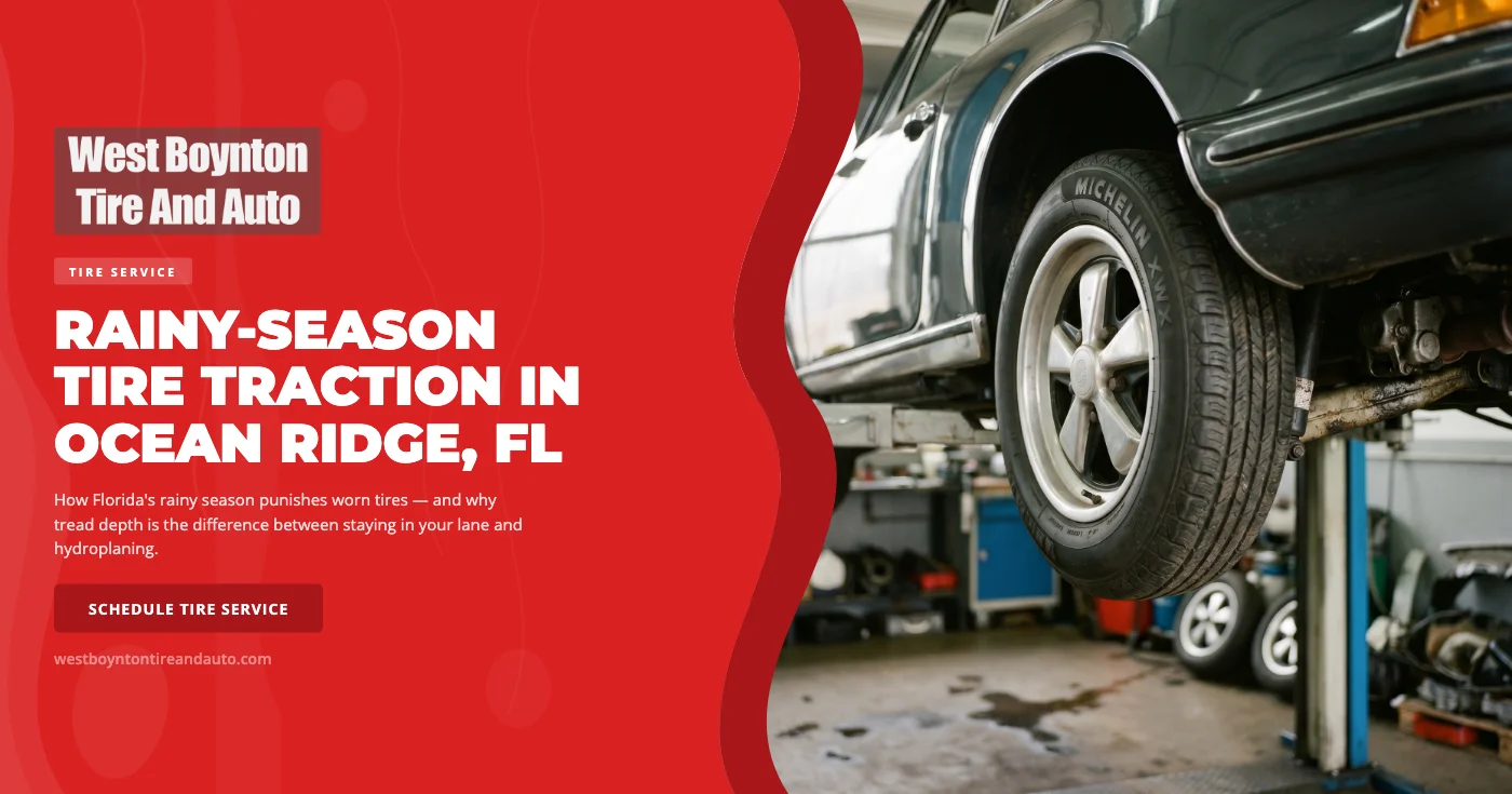 Tire service in Ocean Ridge FL — technician measuring tread depth on a passenger tire during a Florida rainy-season inspection at West Boynton Tire and Auto