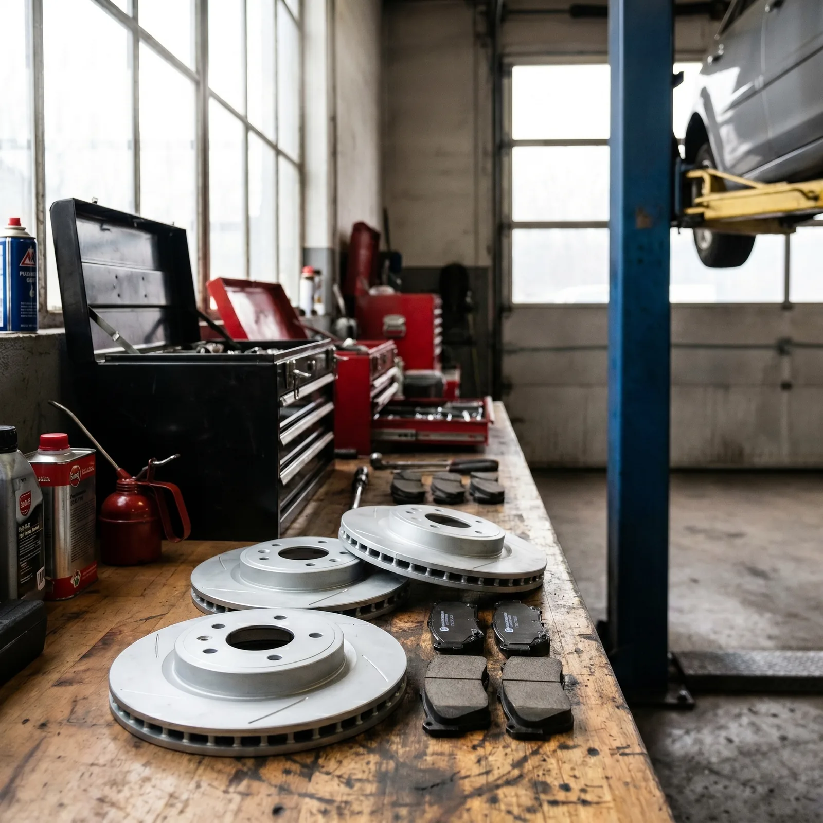 Brake service at West Boynton Tire and Auto — rotors and pads in the shop
